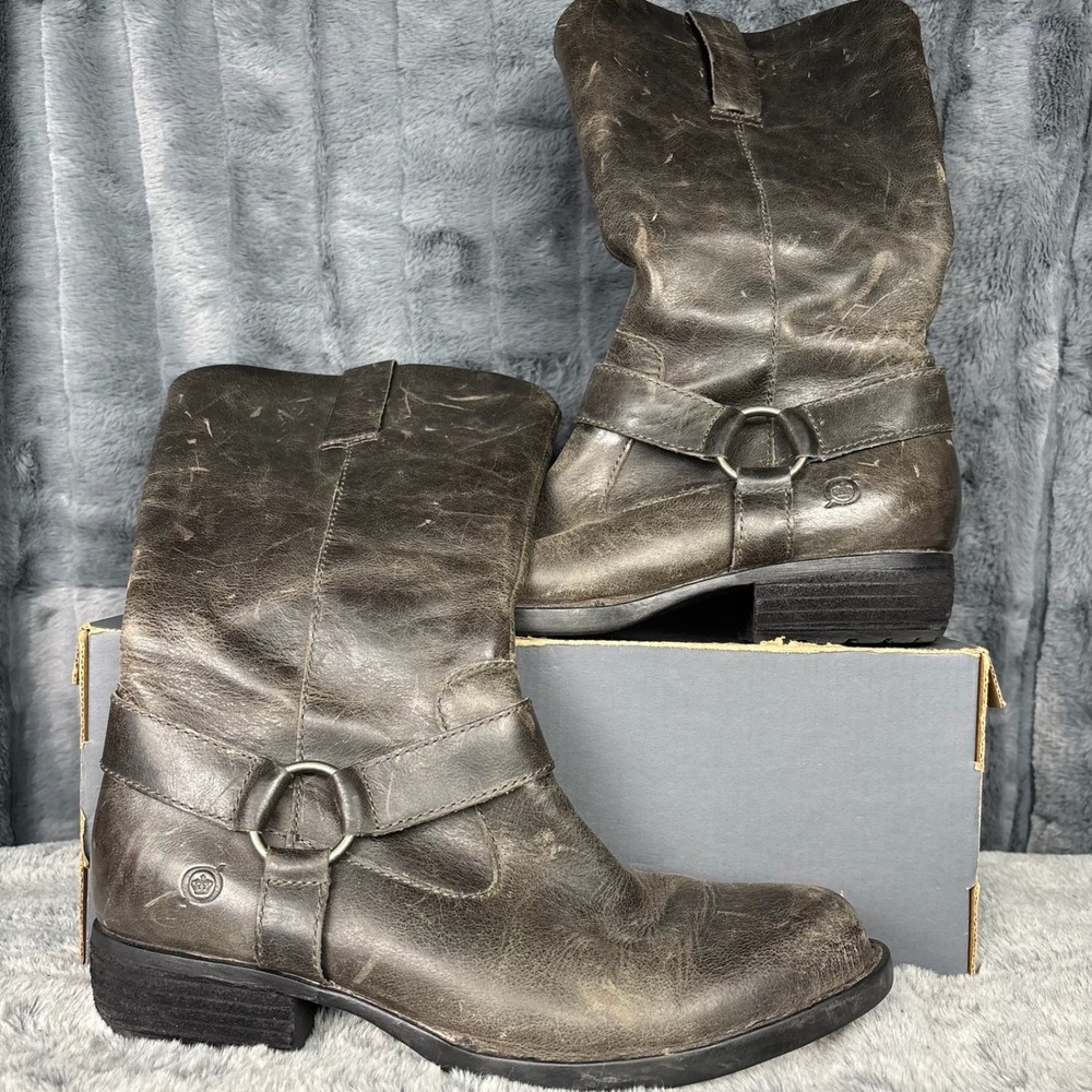 Born Womens 7.5 Distressed Leather Moto Harness Boots Grey Brown Mid Calf Zip Up
